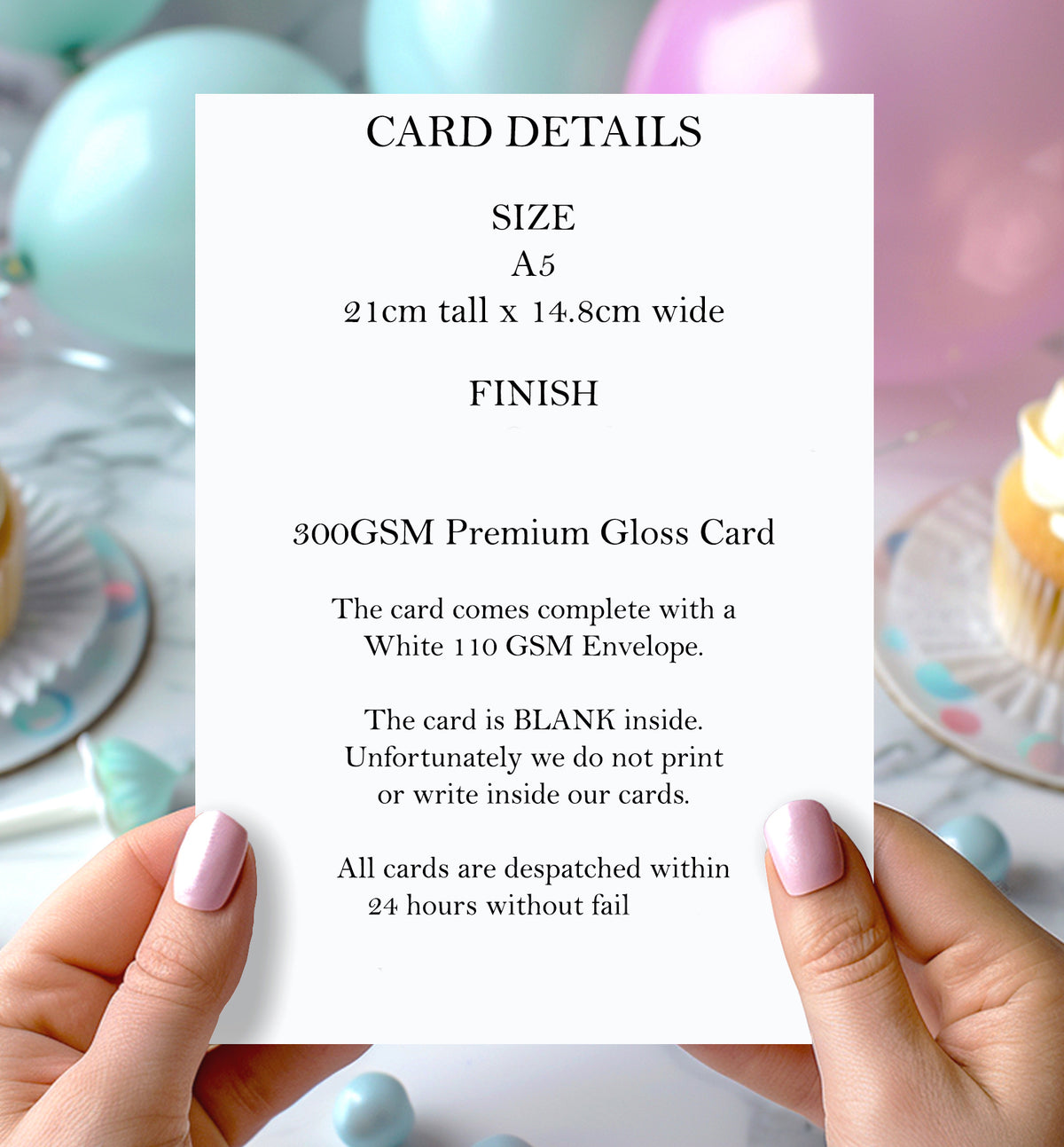 A5 card details: 300 GSM gloss card, white envelope and blank inside