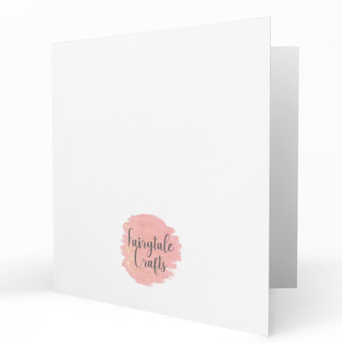 Reverse of a square greeting card with the Fairytale Crafts logo