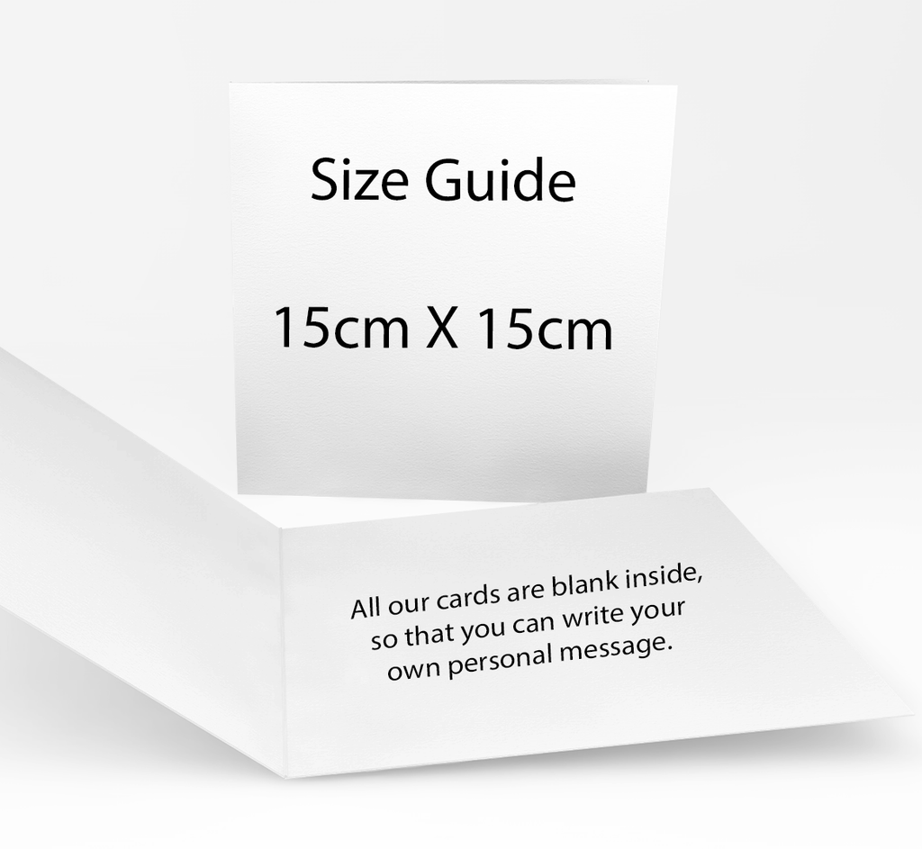 Square card size guide: 15 cm by 15 cm, blank inside for your own message