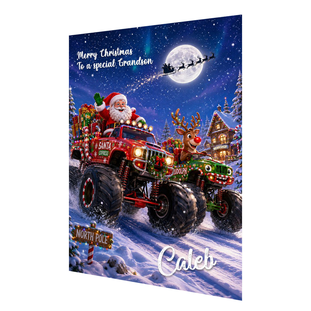 Personalised Christmas Card - Santa and Reindeer Driving Monster Trucks