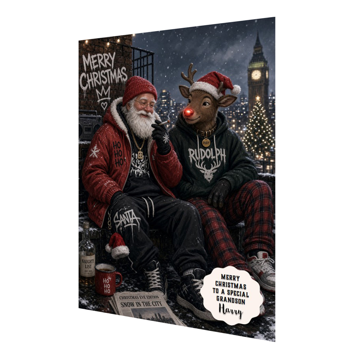 Personalised Christmas Card - Santa and Reindeer in Streetwear
