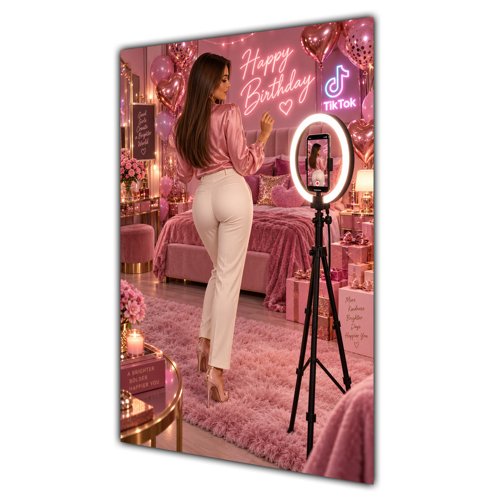 Happy Birthday Brown Hair Pink Selfie Card A5