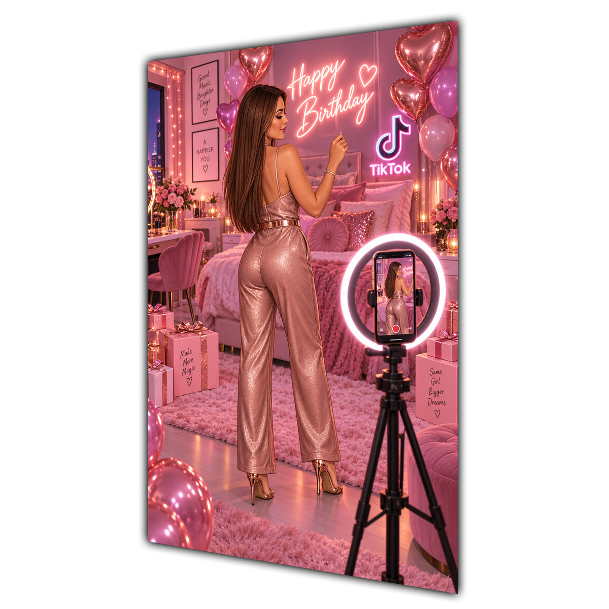 Happy Birthday Brown Hair Pink Selfie Card A5