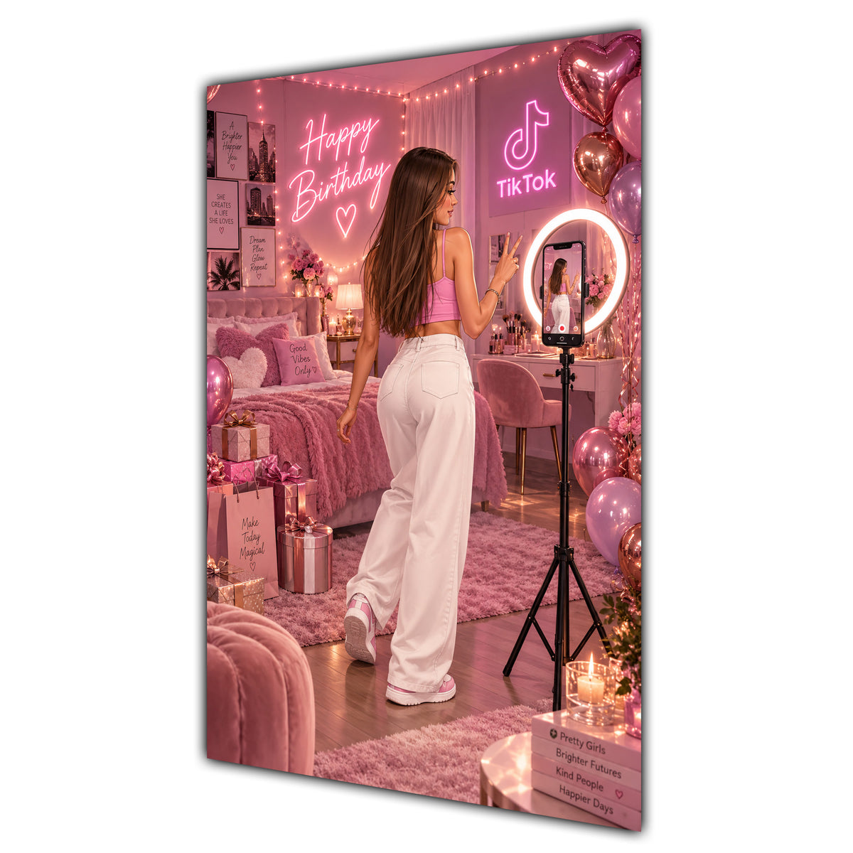 Happy Birthday Brown Hair Pink Selfie Card A5