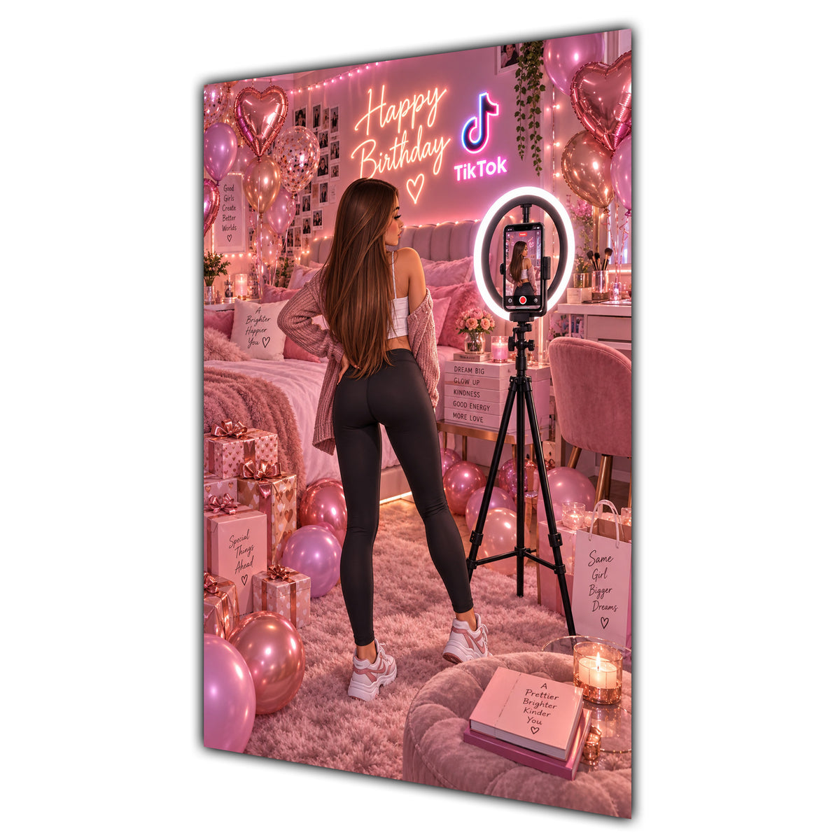 Happy Birthday Brown Hair Pink Selfie Card A5