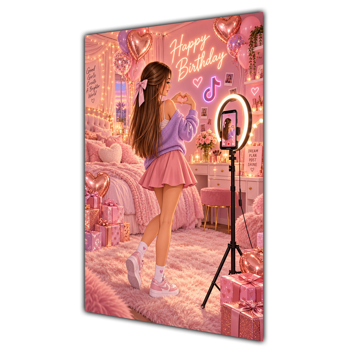 Happy Birthday Brown Hair Pink Selfie Card A5