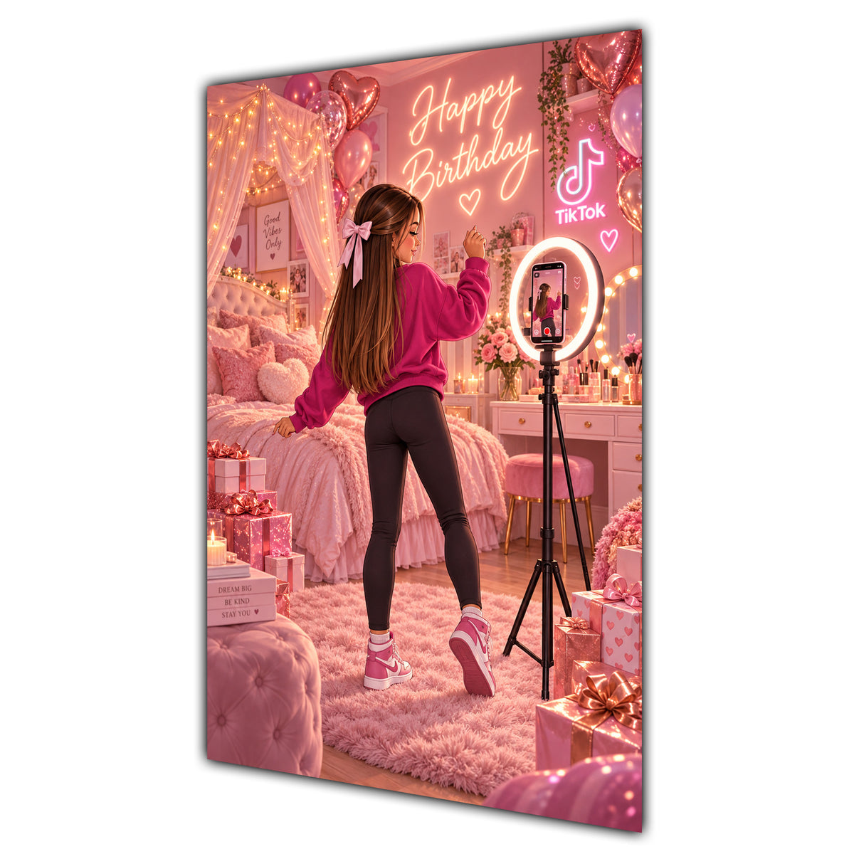 Happy Birthday Brown Hair Pink Selfie Card A5