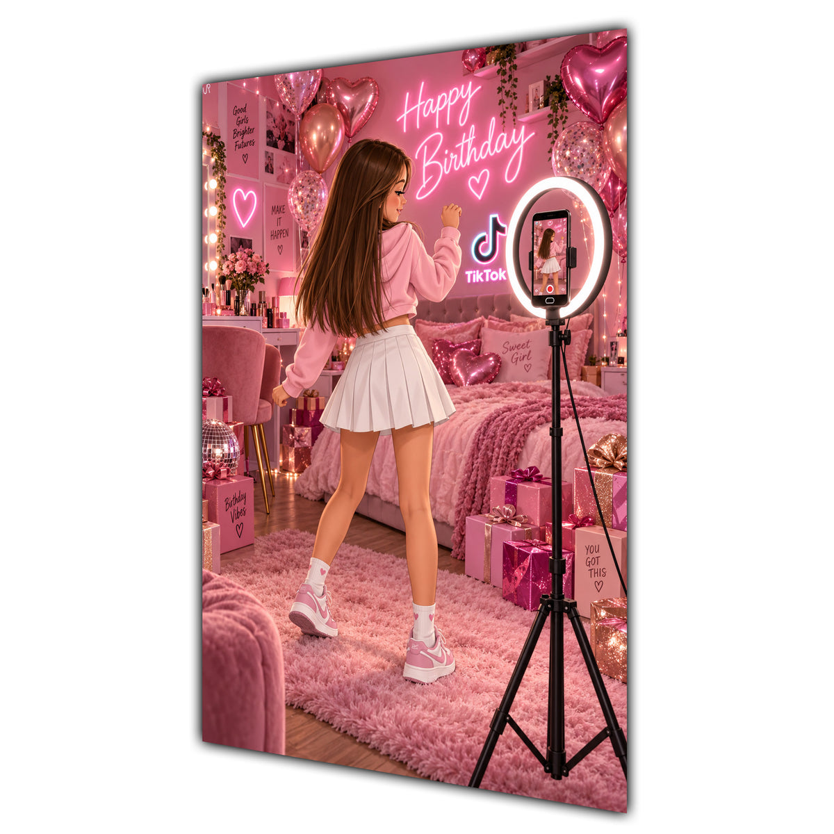 Happy Birthday Brown Hair Pink Selfie Card A5