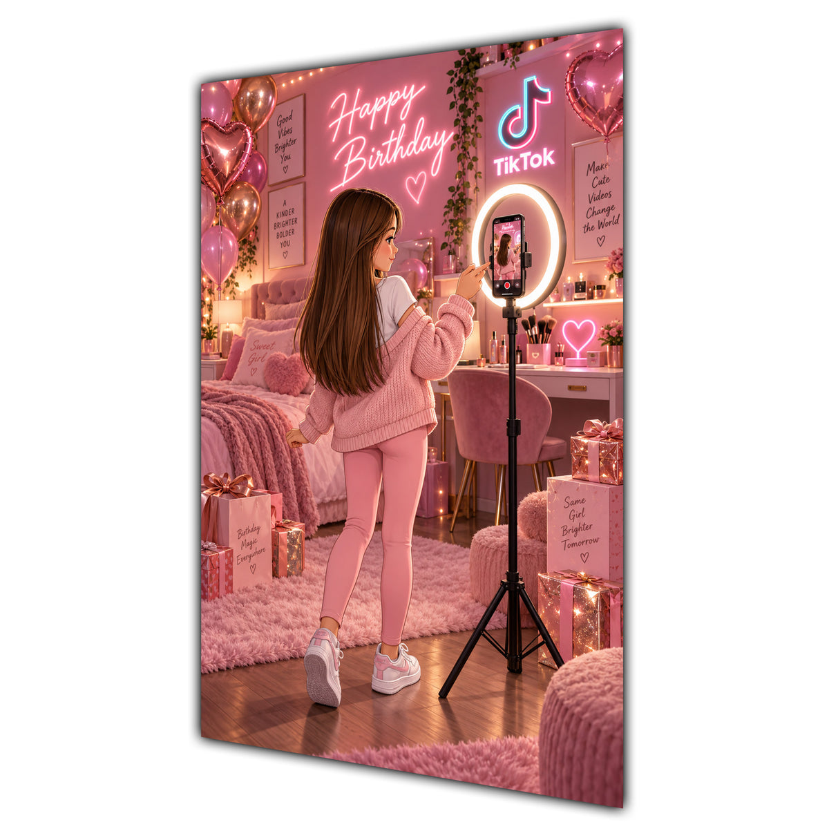 Happy Birthday Brown Hair Pink Selfie Card A5