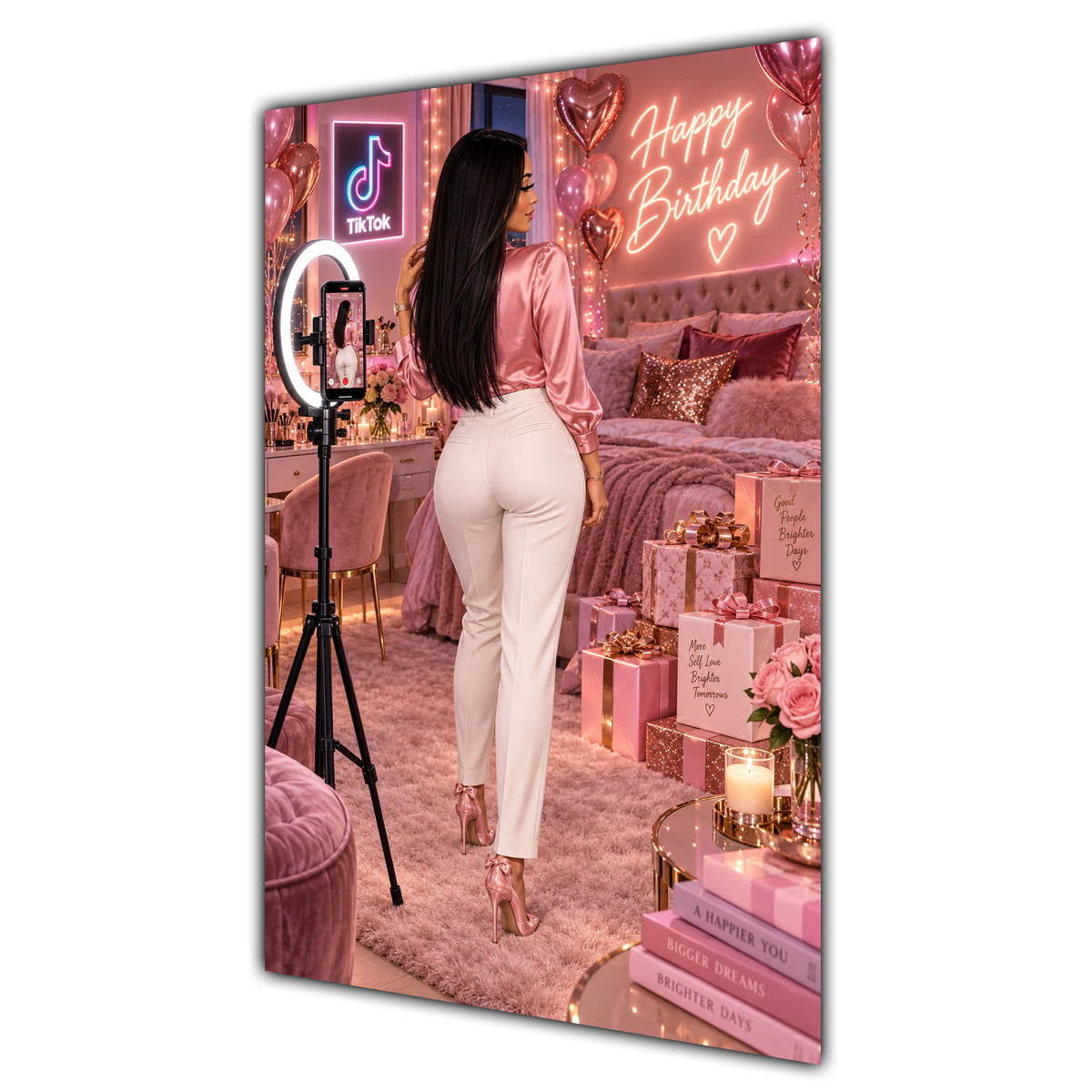 Happy Birthday Black Hair Pink Selfie Card A5