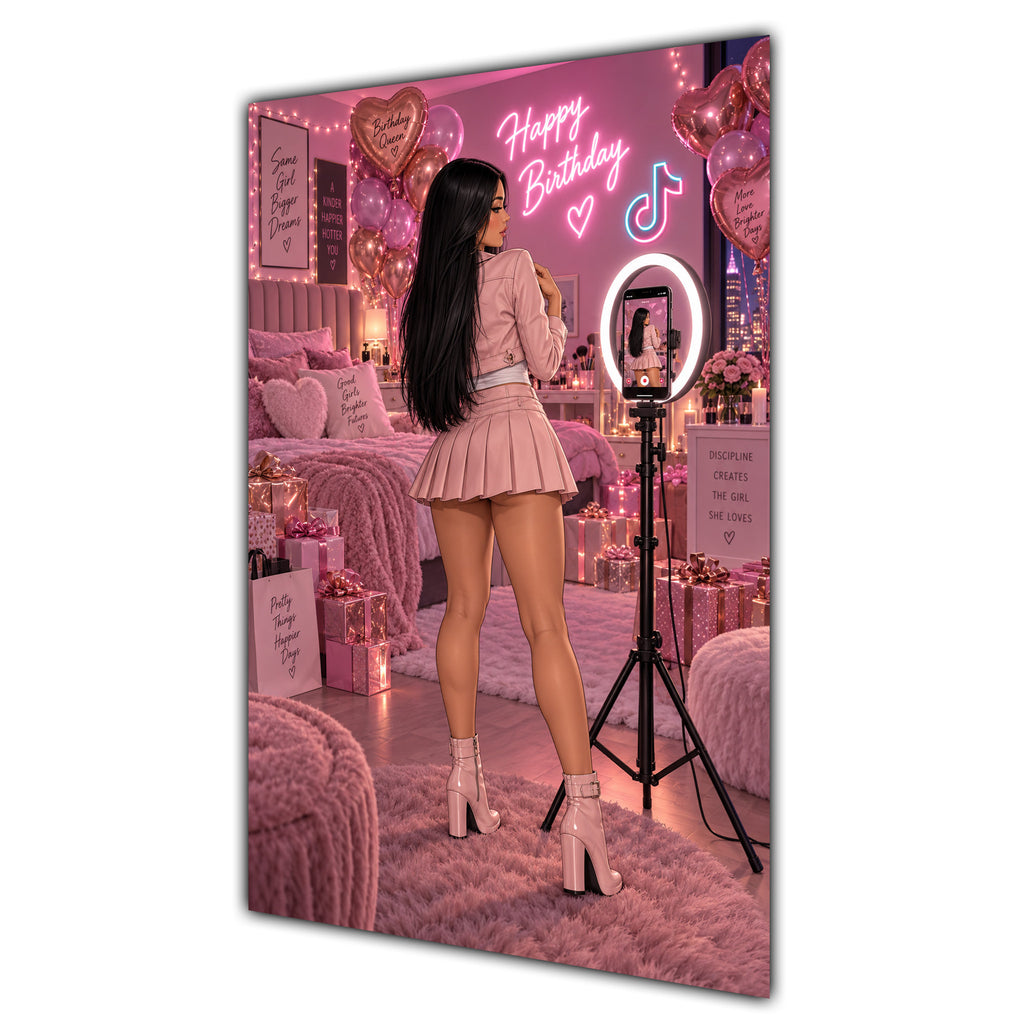 Happy Birthday Black Hair Pink Selfie Card A5