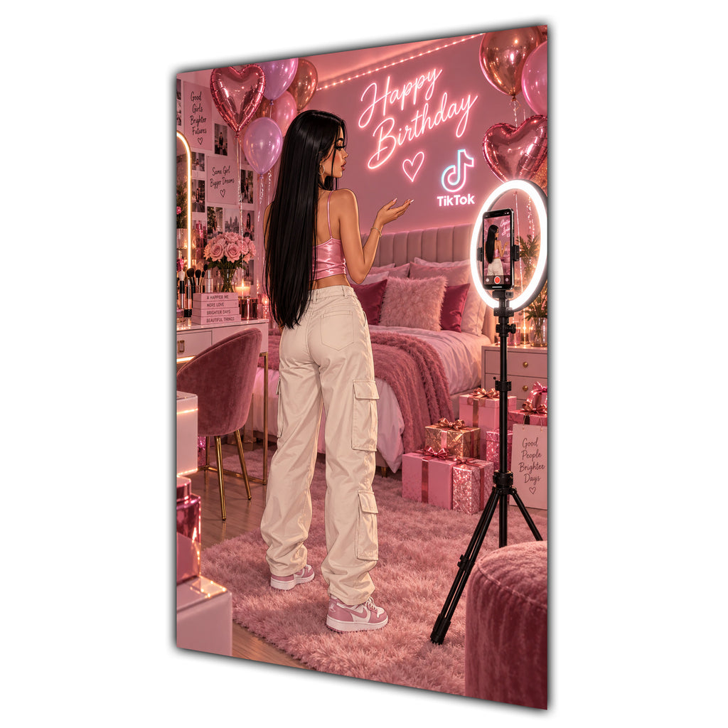Happy Birthday Black Hair Pink Selfie Card A5