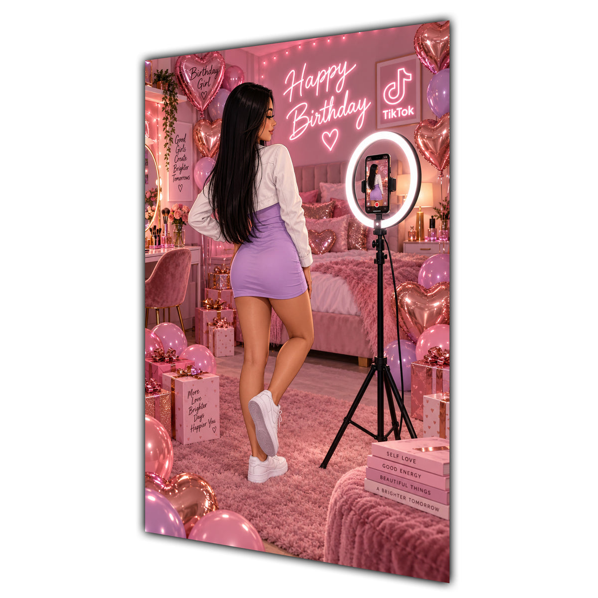 Happy Birthday Black Hair Pink Selfie Card A5
