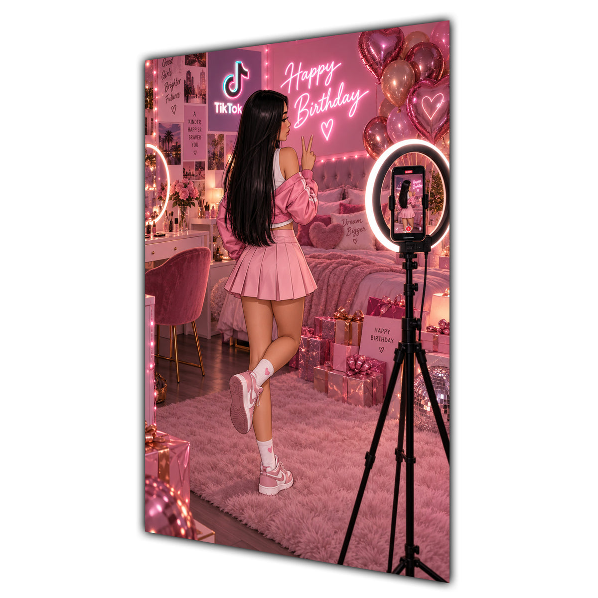 Happy Birthday Black Hair Pink Selfie Card A5