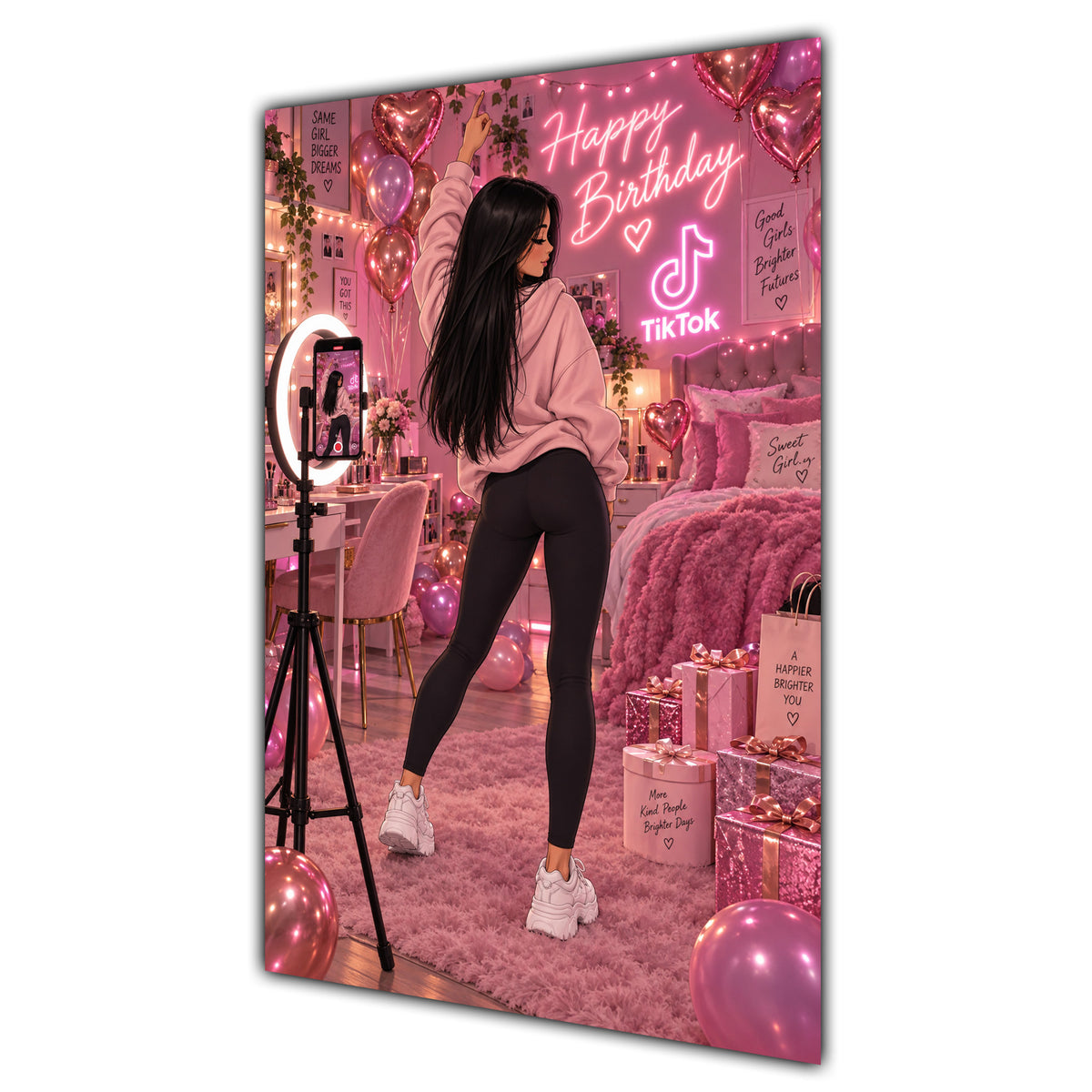 Happy Birthday Black Hair Pink Selfie Card A5