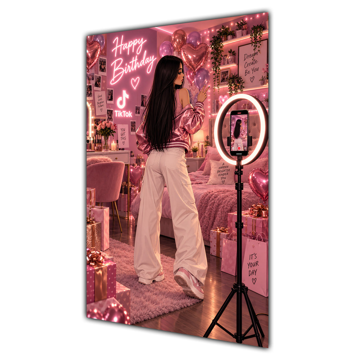 Happy Birthday Black Hair Pink Selfie Card A5