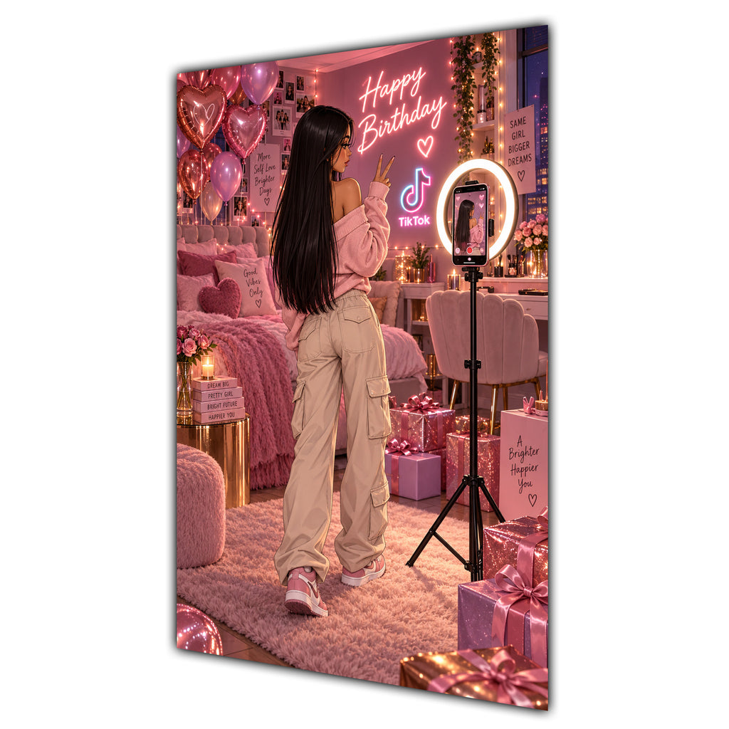 Happy Birthday Black Hair Pink Selfie Card A5