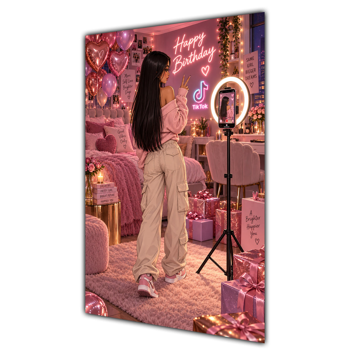 Happy Birthday Black Hair Pink Selfie Card A5
