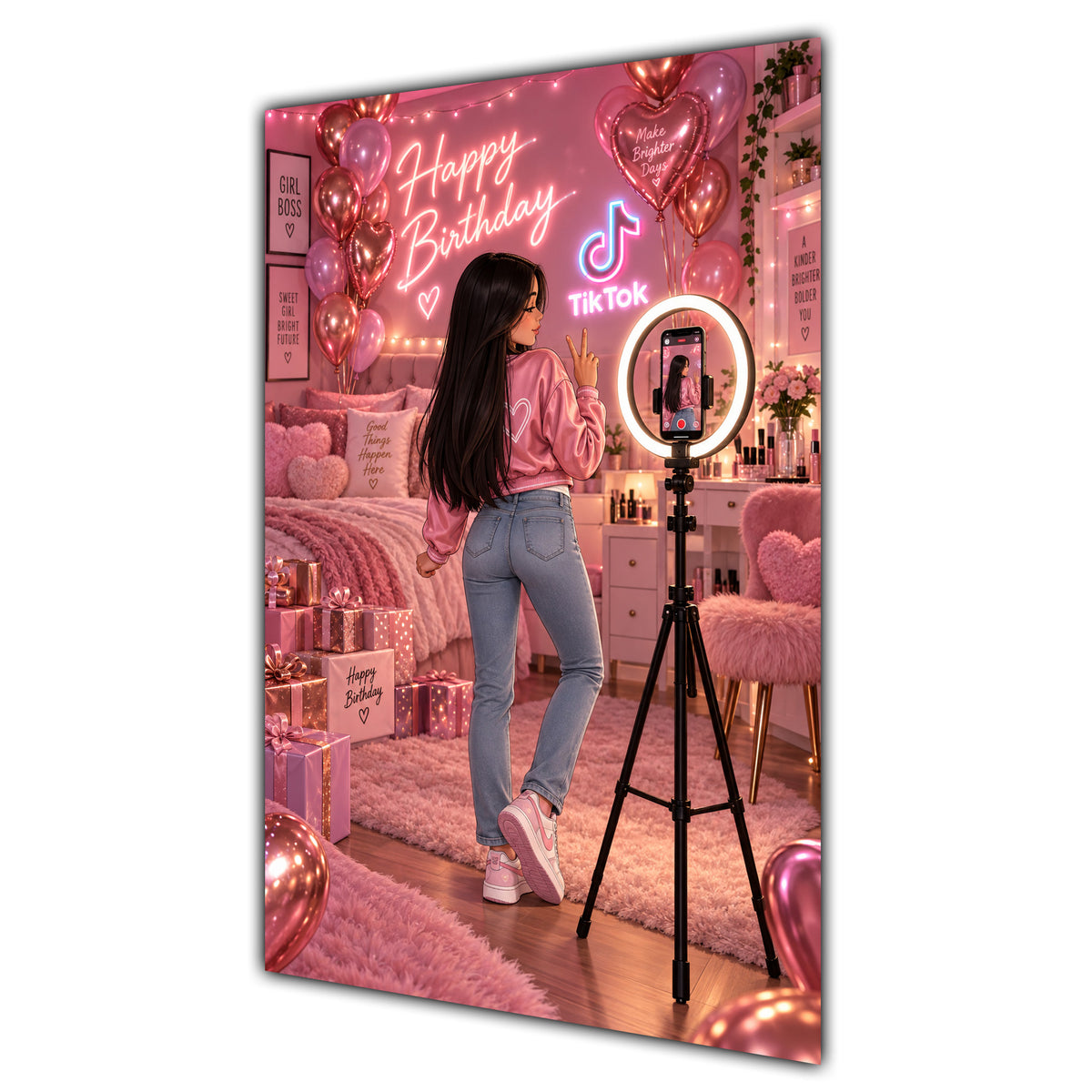 Happy Birthday Black Hair Pink Selfie Card A5