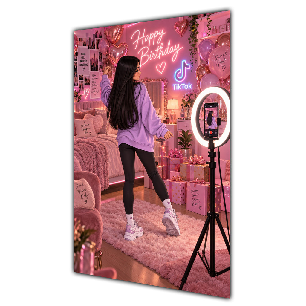 Happy Birthday Black Hair Pink Selfie Card A5