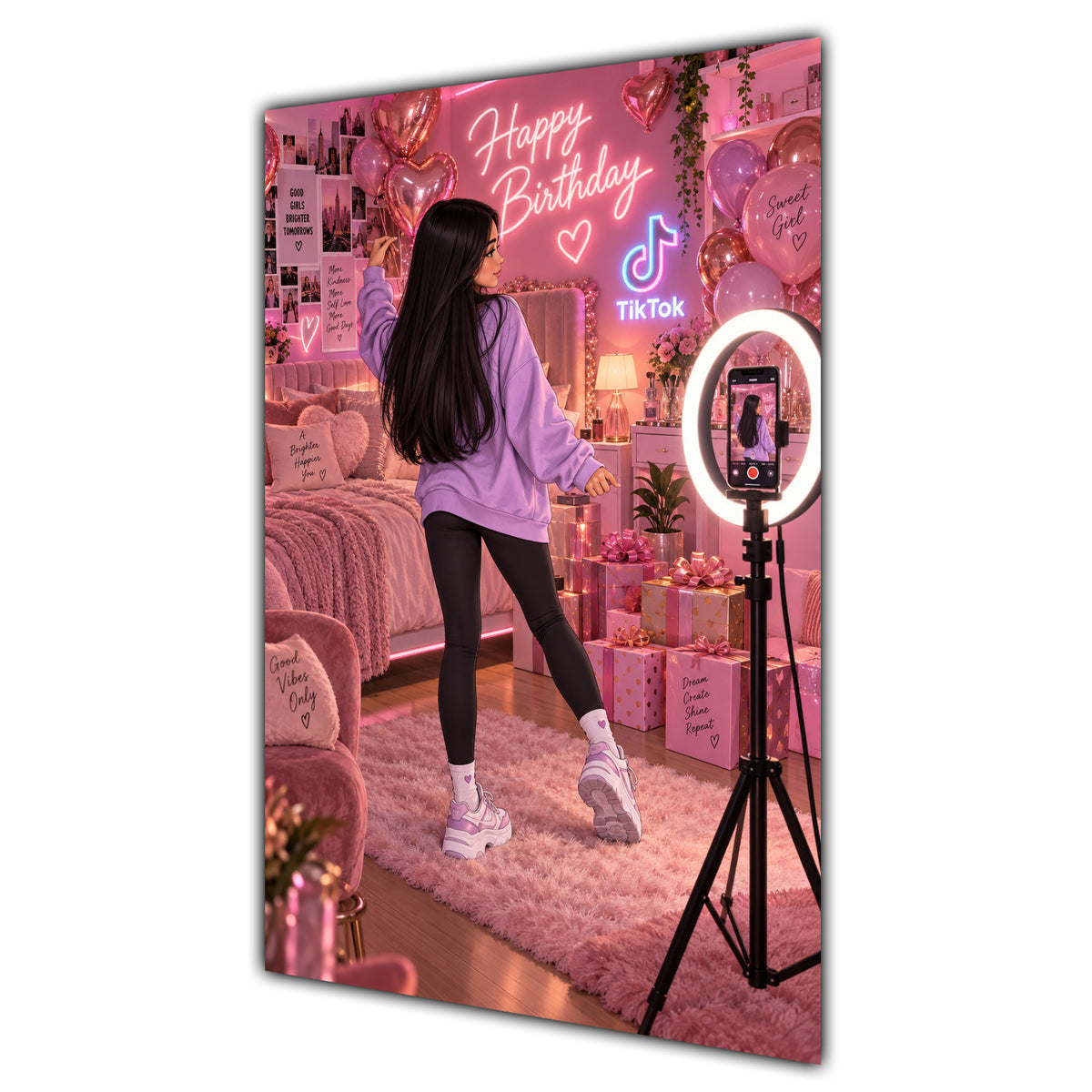 Happy Birthday Black Hair Pink Selfie Card A5