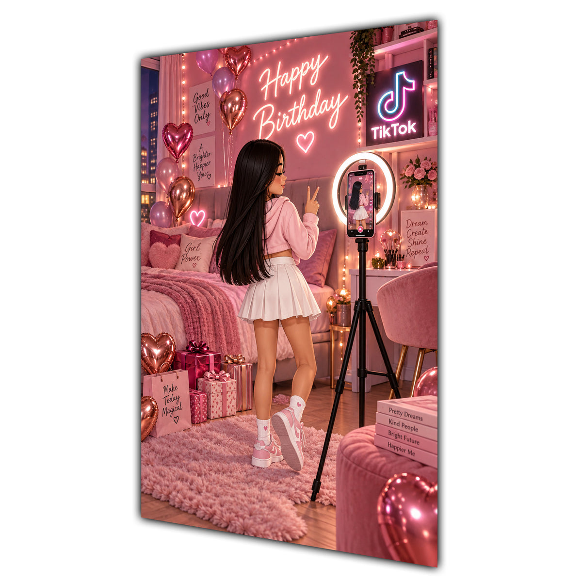 Happy Birthday Black Hair Pink Selfie Card A5