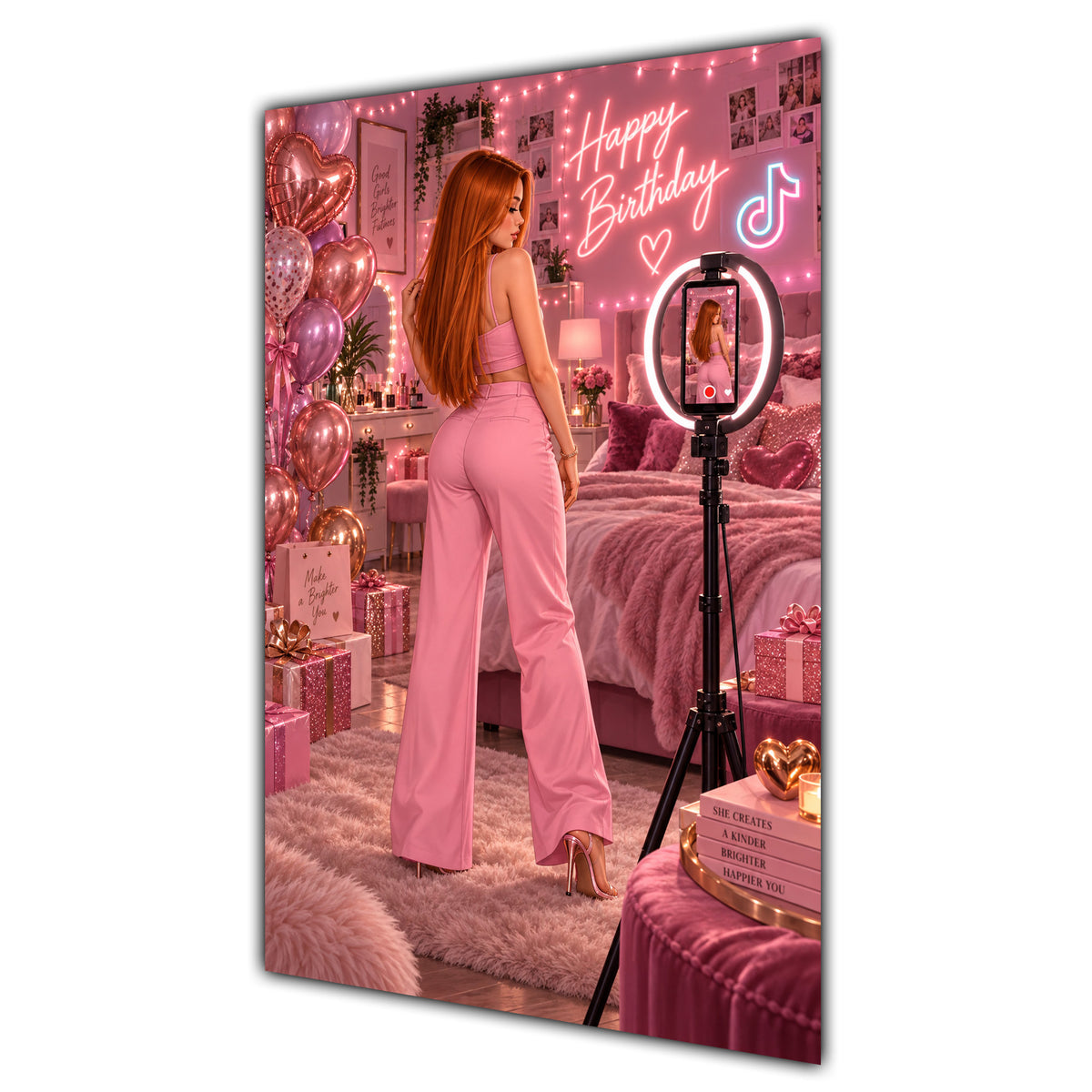 Happy Birthday Ginger Hair Pink Selfie Card A5