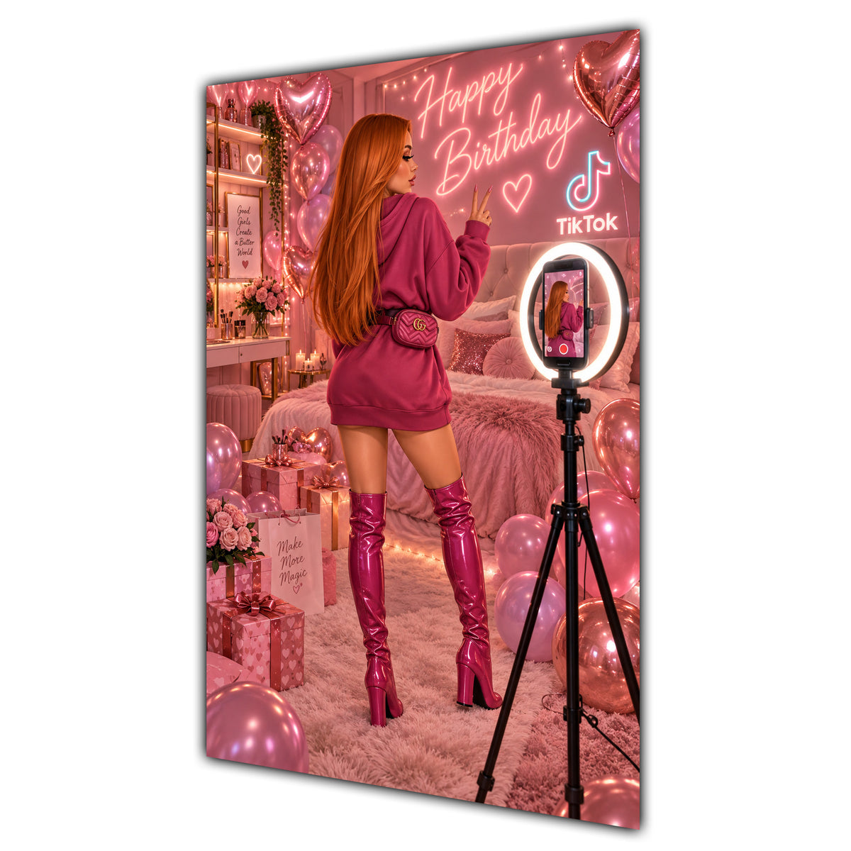 Happy Birthday Ginger Hair Pink Selfie Card A5