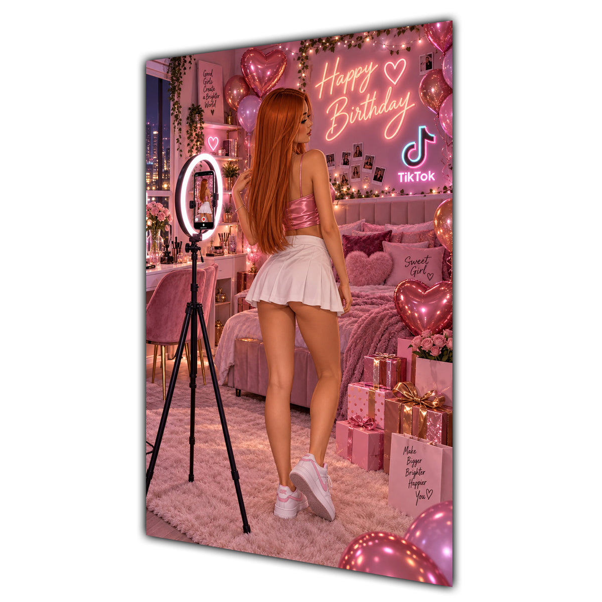 Happy Birthday Ginger Hair Pink Selfie Card A5