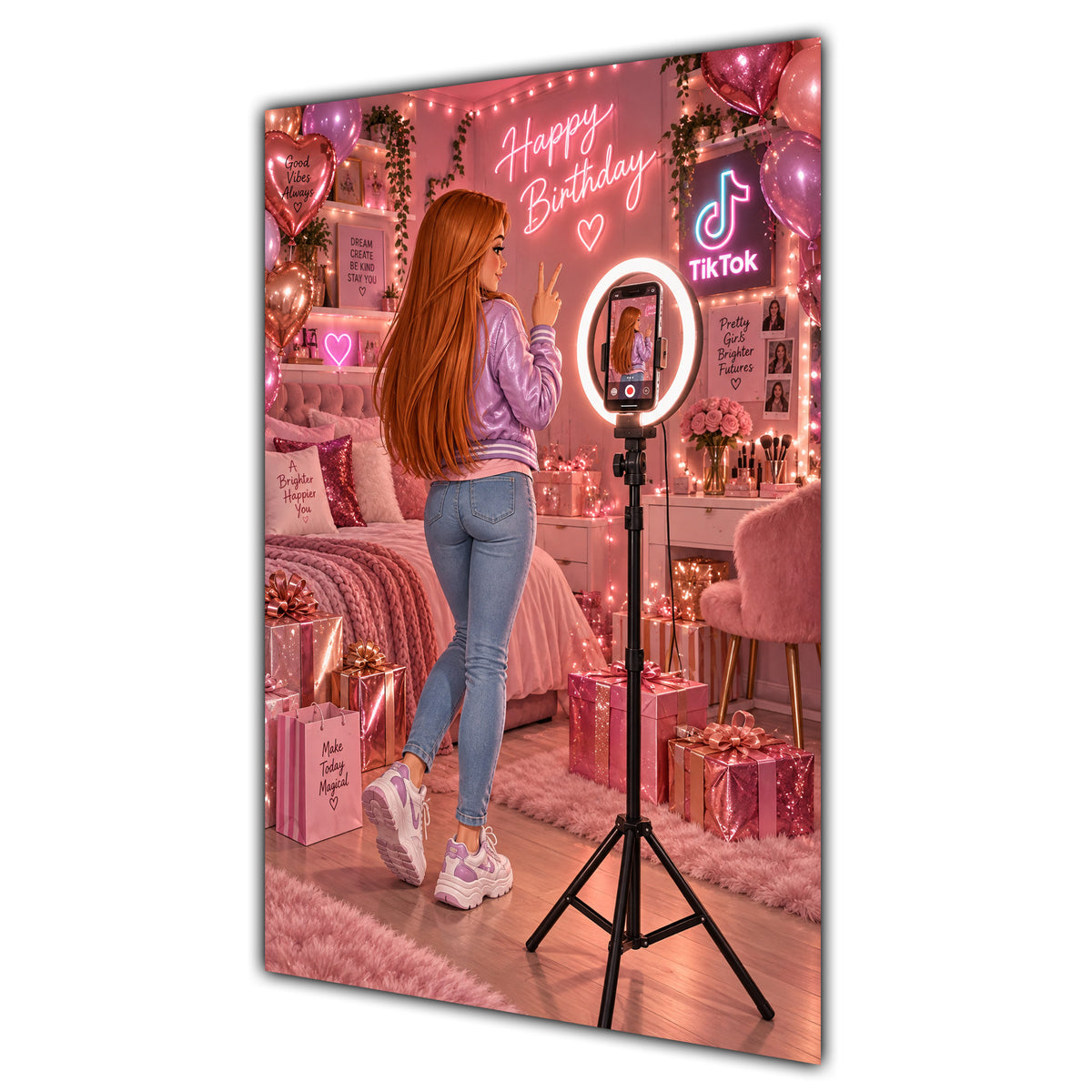 Happy Birthday Ginger Hair Pink Selfie Card A5