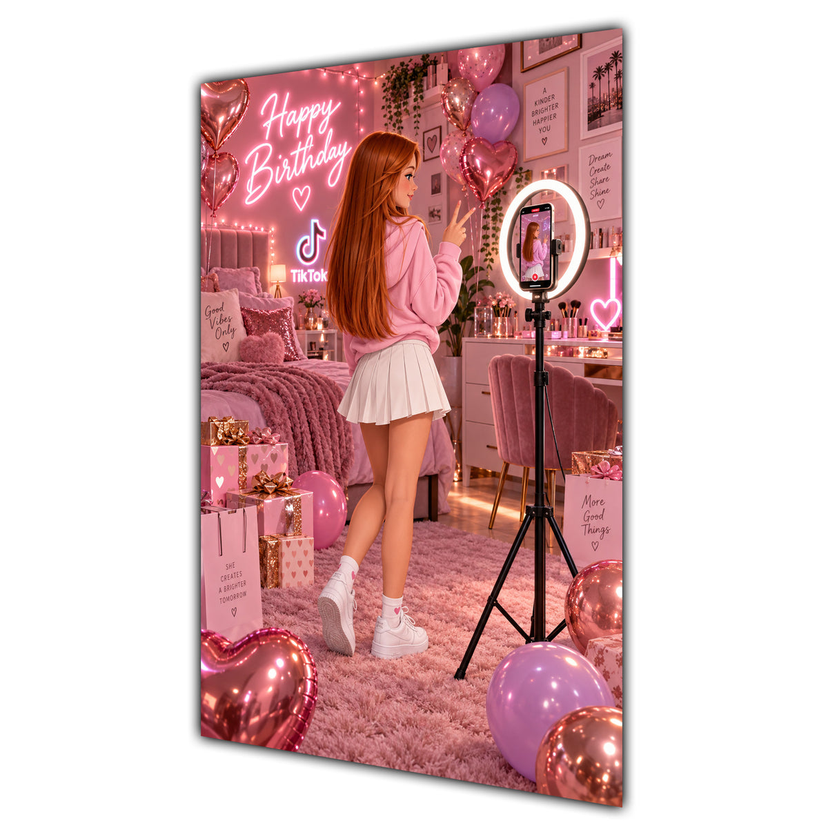 Happy Birthday Ginger Hair Pink Selfie Card A5