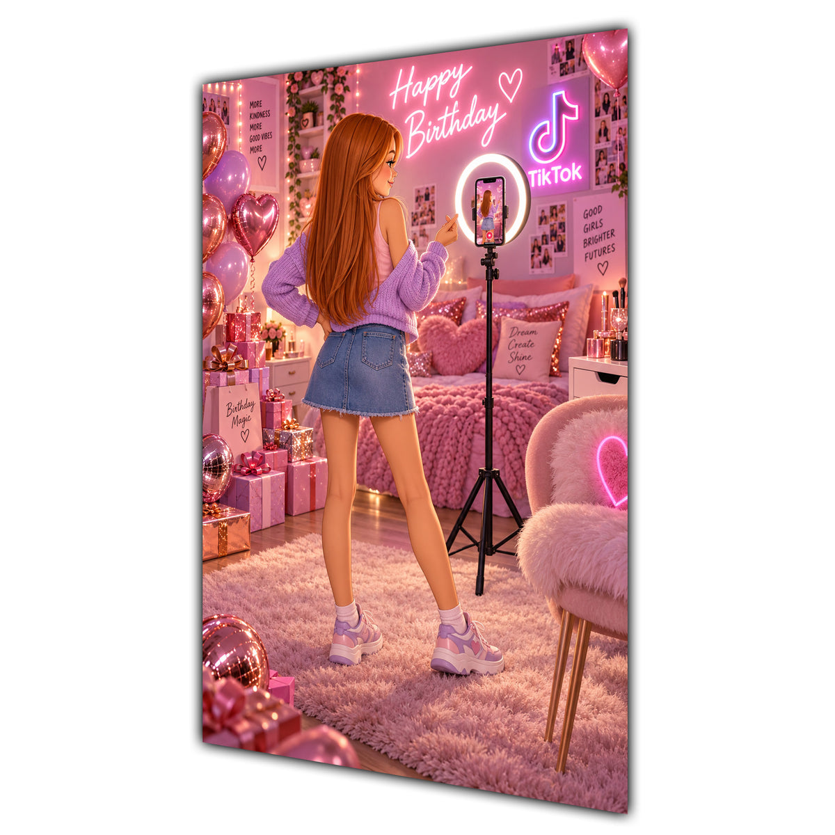 Happy Birthday Ginger Hair Pink Selfie Card A5