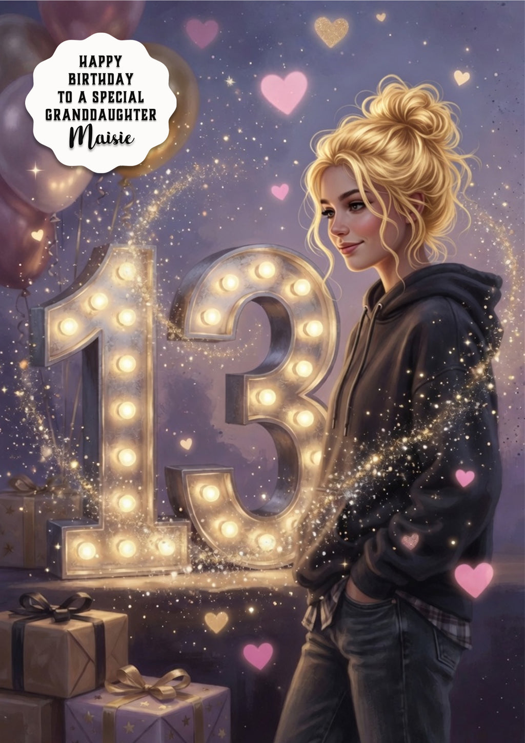 13th Birthday Card Hoodie Girl Granddaughter Daughter Niece Large A5 Size