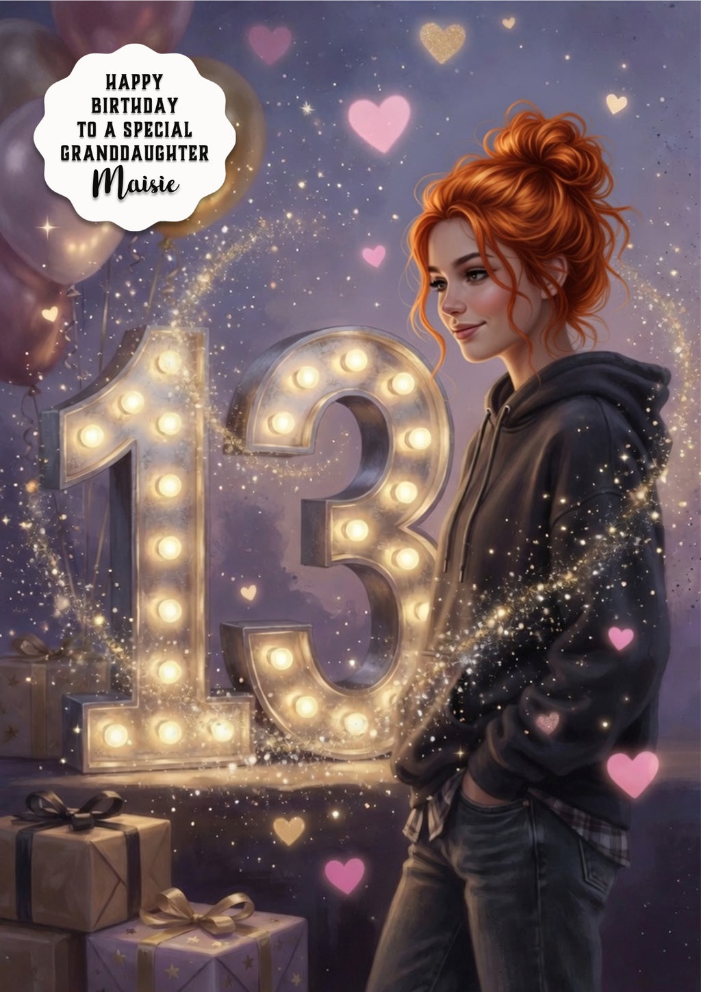 13th Birthday Card Hoodie Girl Granddaughter Daughter Niece Large A5 Size