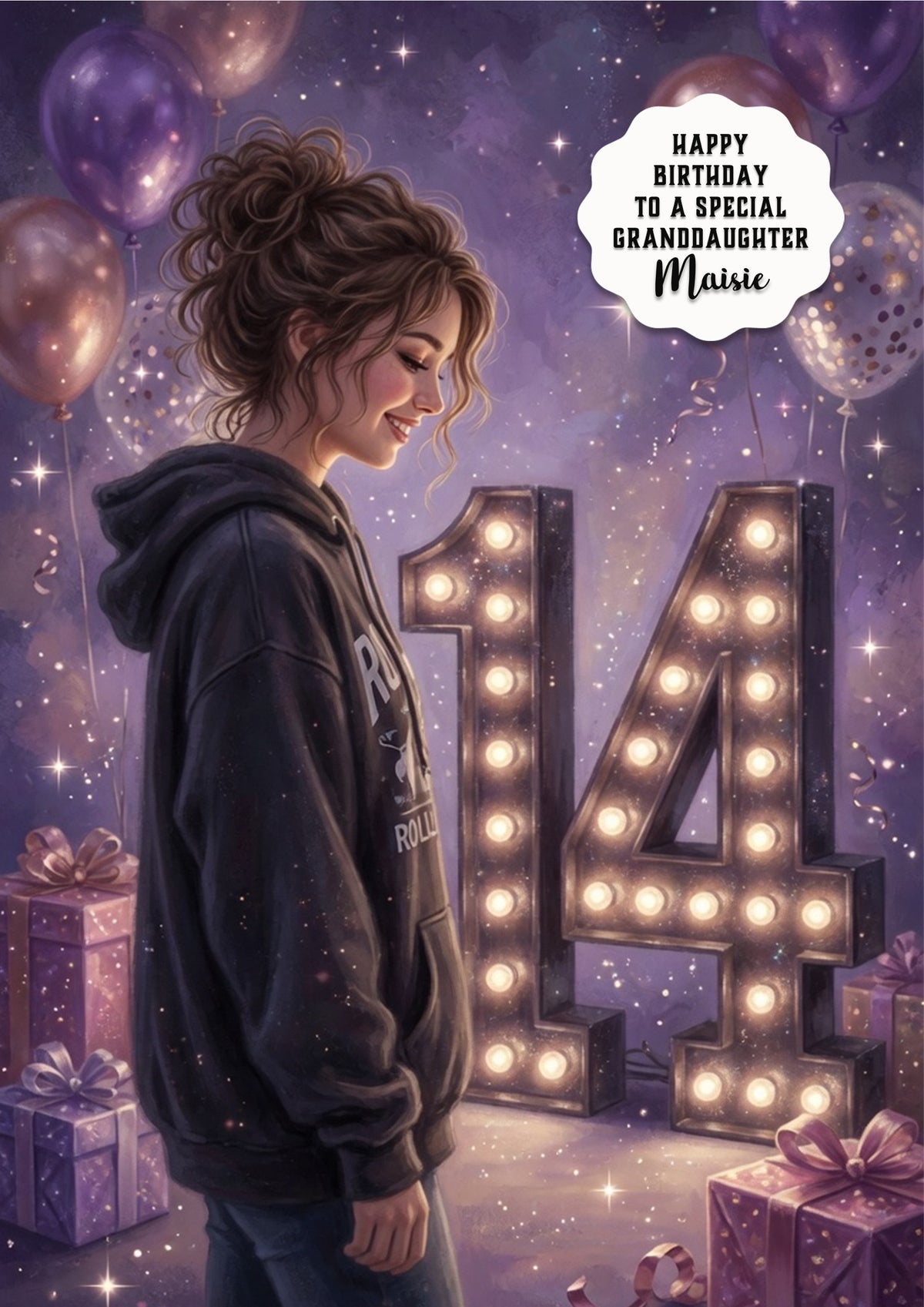 14th Birthday Card Hoodie Girl Granddaughter Daughter Niece Large A5 Size