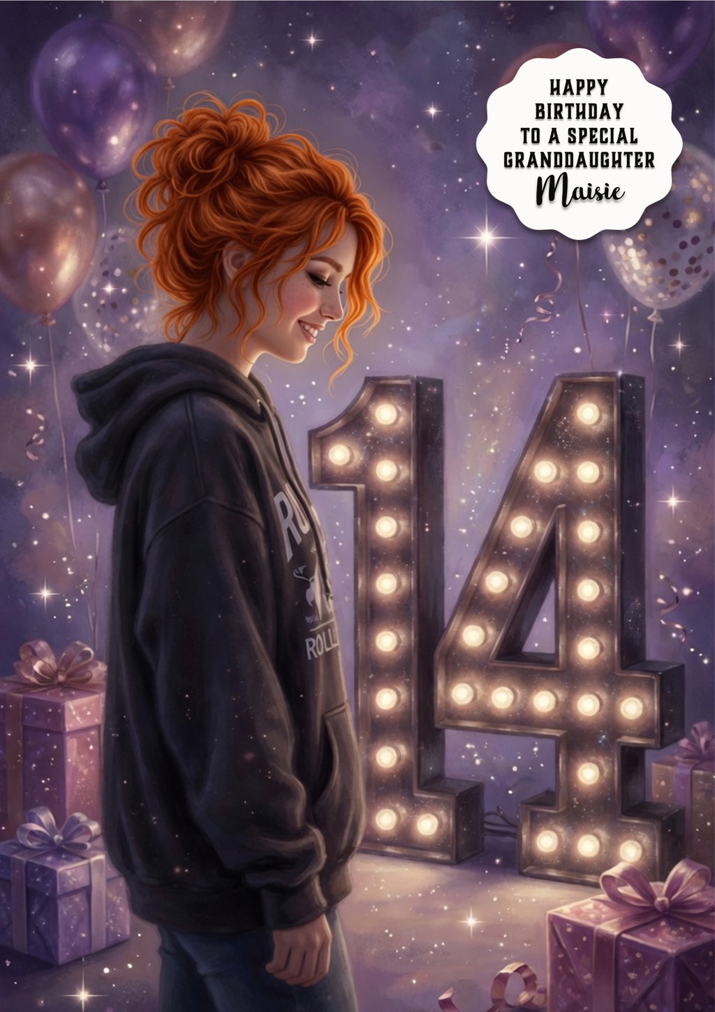 14th Birthday Card Hoodie Girl Granddaughter Daughter Niece Large A5 Size