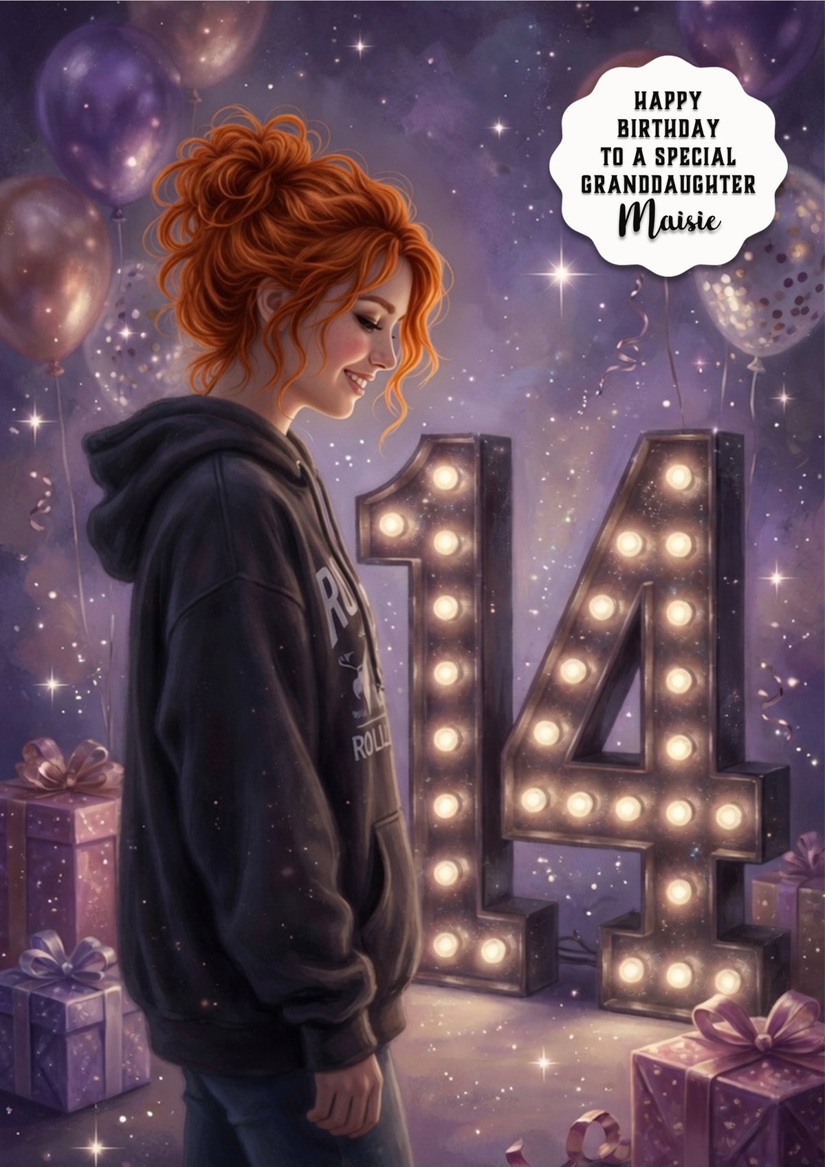 14th Birthday Card Hoodie Girl Granddaughter Daughter Niece Large A5 Size