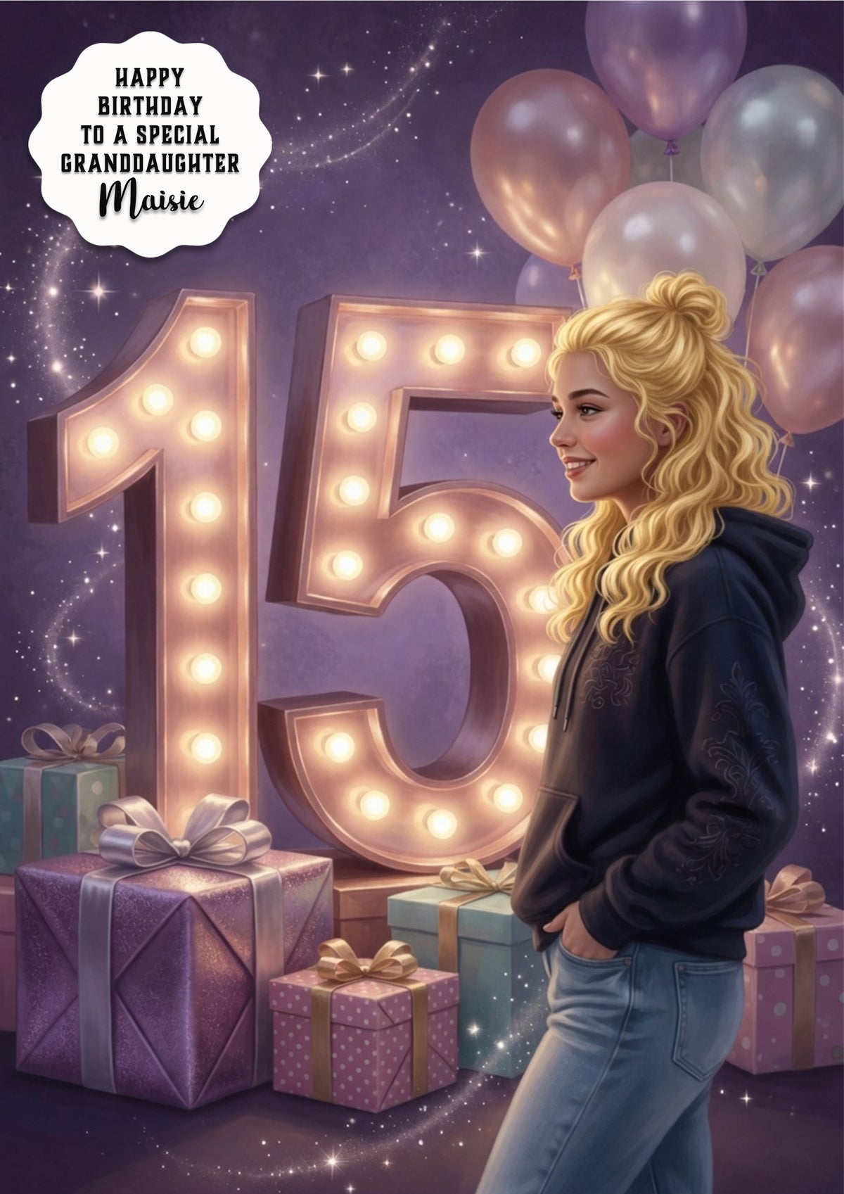 Personalised 15th Birthday Card for Girls - Urban Lights, Blonde Hair
