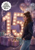 Personalised 15th Birthday Card for Girls - Urban Lights, Brown Hair