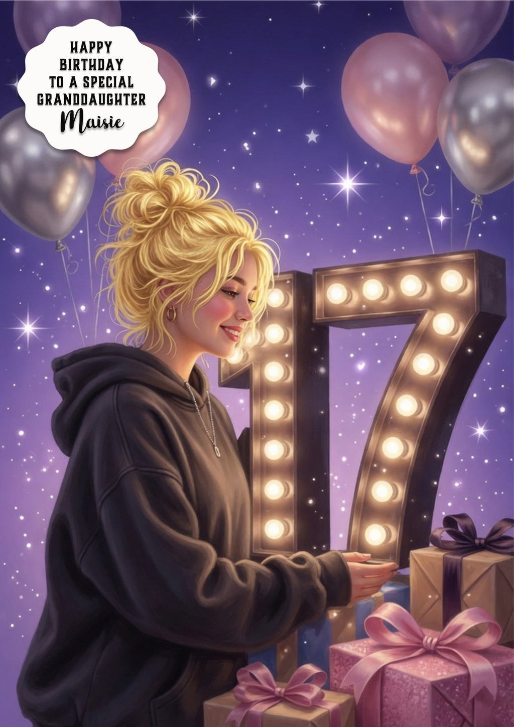 17th Birthday Card Hoodie Girl Granddaughter Daughter Niece Large A5 Size