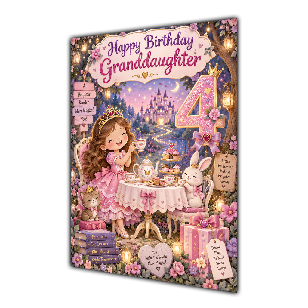 Happy 4th Birthday Granddaughter Princess Tea Party Greeting Card A5