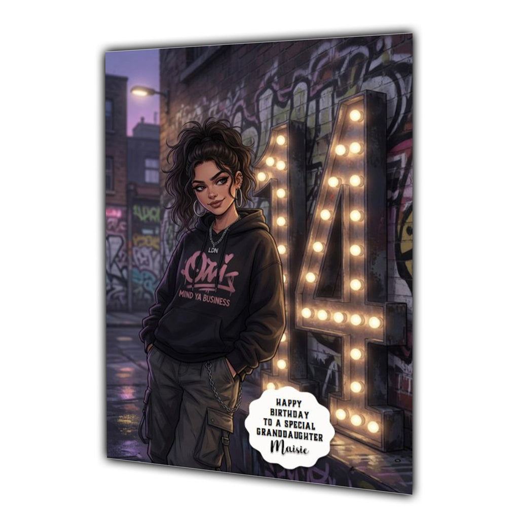14th Birthday Card Urban Girl Granddaughter Daughter Niece Large A5 Size