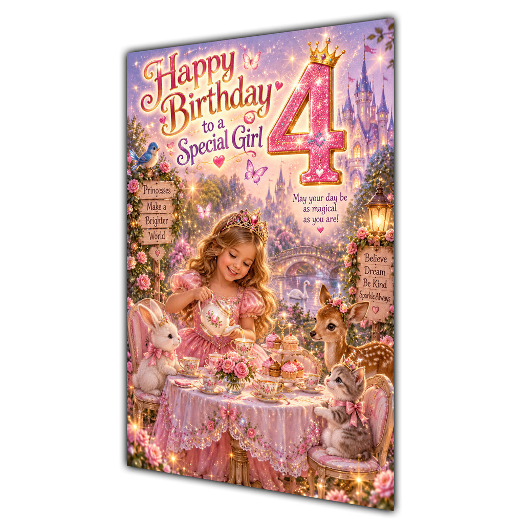 Happy 4th Birthday Special Girl Princess Tea Party Greeting Card A5