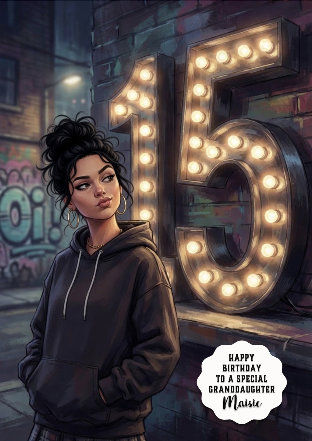 Personalised 15th Birthday Card - Girl in a Hoodie with Number Lights - Black Hair