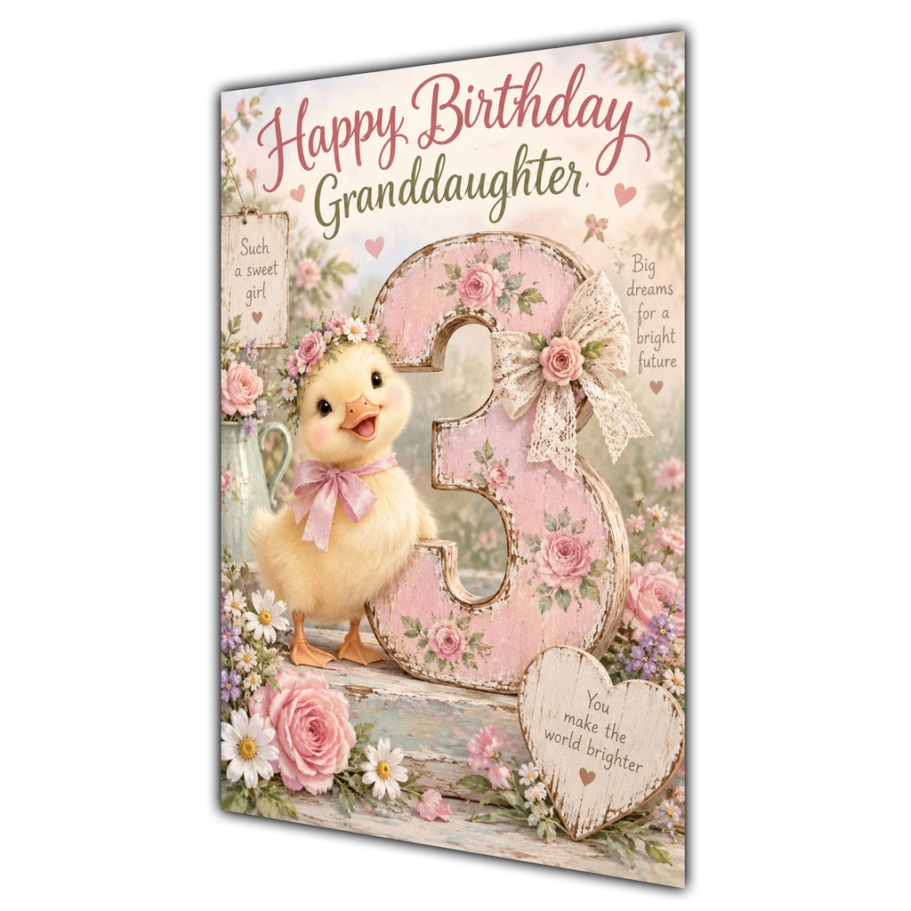 Happy 3rd Birthday Granddaughter Duckling Flowers Greeting Card A5