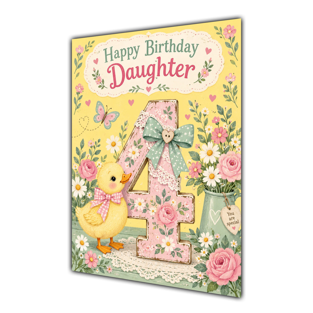 Happy 4th Birthday Daughter Duckling Flowers Greeting Card A5