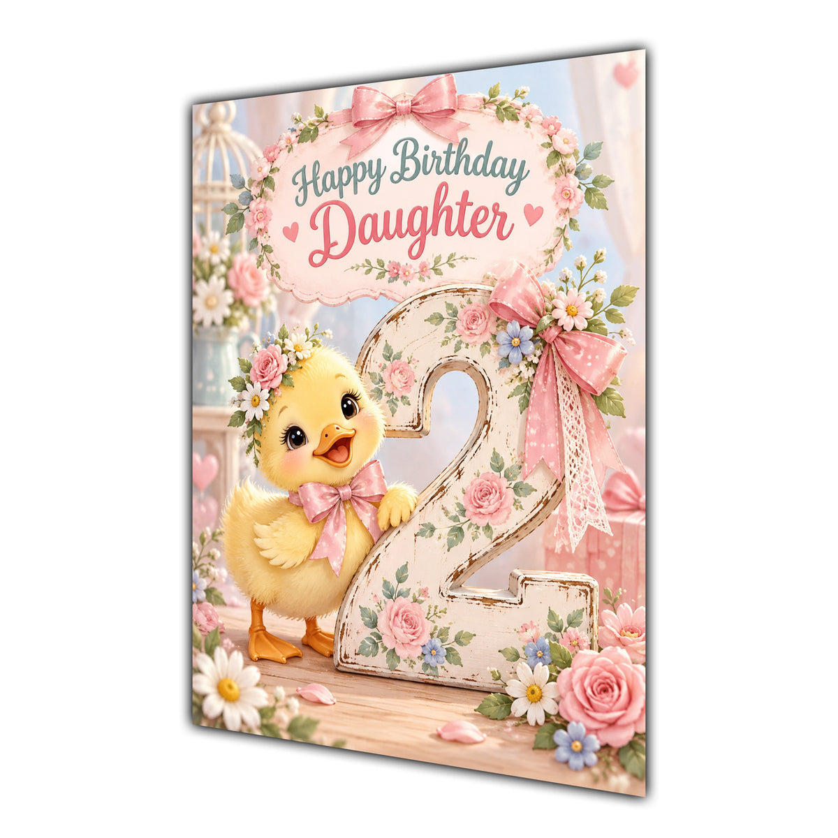 Happy 2nd Birthday Daughter Duckling Flowers Greeting Card A5