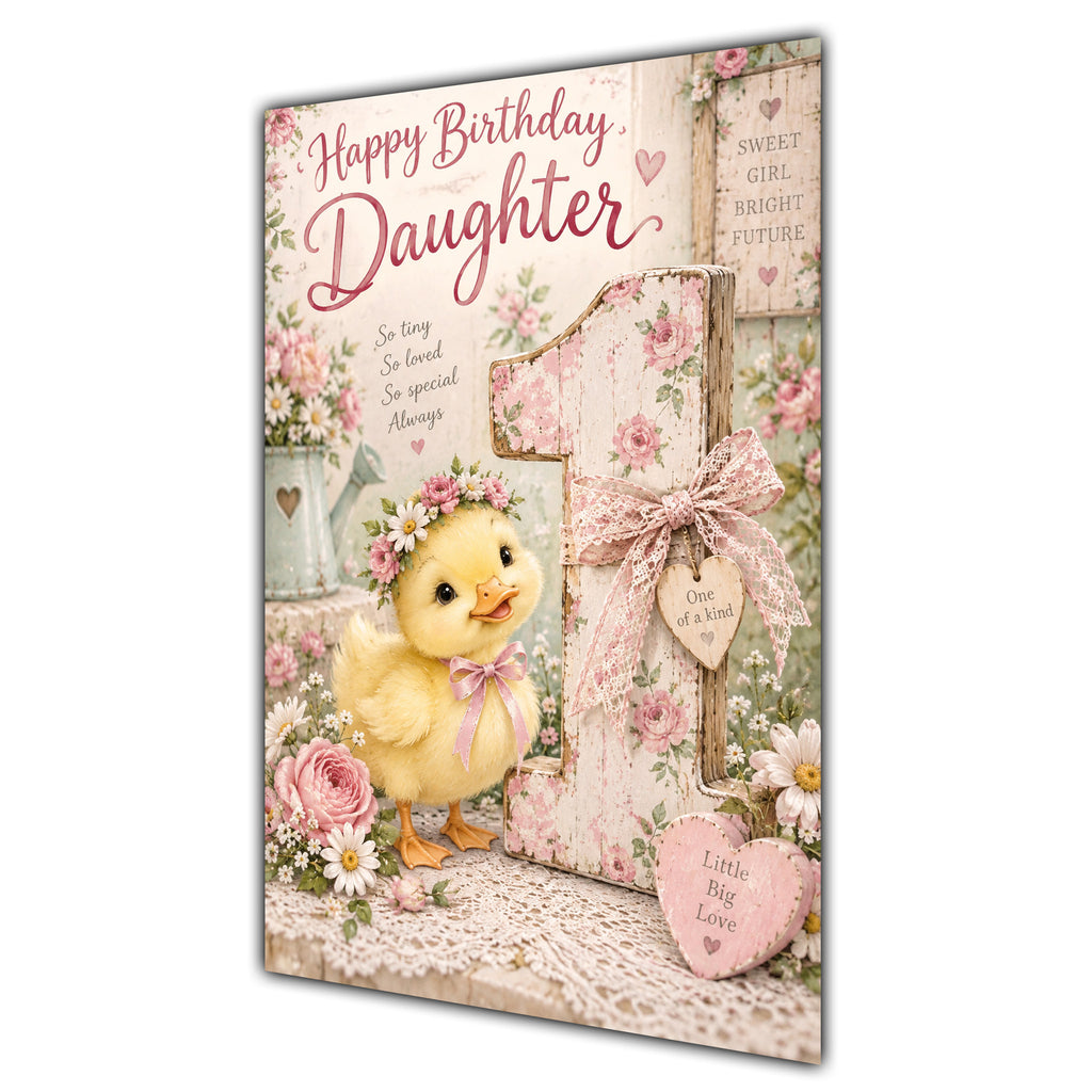 Happy 1st Birthday Daughter Duckling Flowers Greeting Card A5