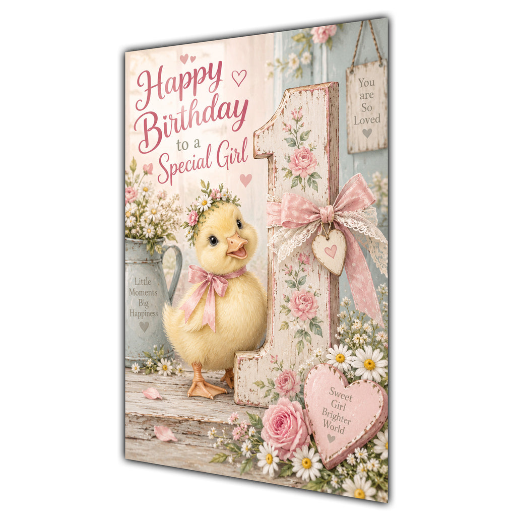 Happy 1st Birthday Special Girl Duckling Flowers Greeting Card A5