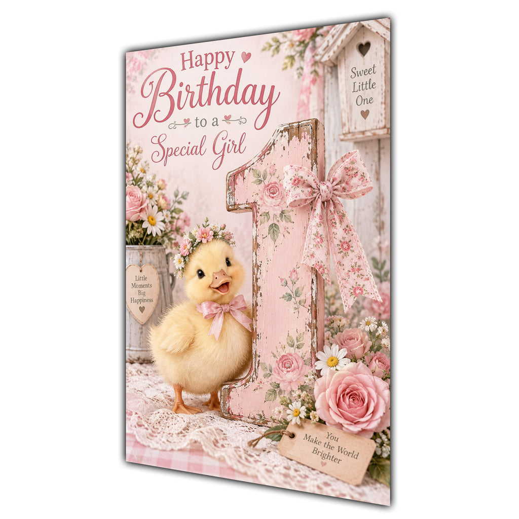 Happy 1st Birthday Special Girl Duckling Flowers Greeting Card A5